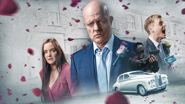 A composite image of Lauren, Max and Oscar Branning with a SWAT officer and a wedding car
