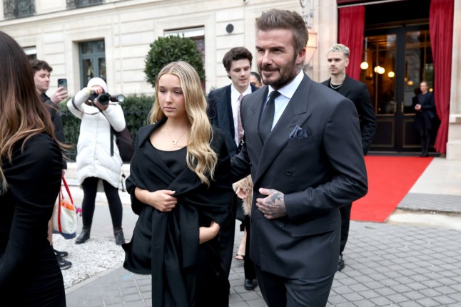 PARIS, FRANCE - JANUARY 26: Harper Beckham and David Beckham are seen during the Haute Couture Spring Summer 2026 as part of Paris Fashion Week on January 26, 2026 in Paris, France. (Photo by Pierre Suu/GC Images)