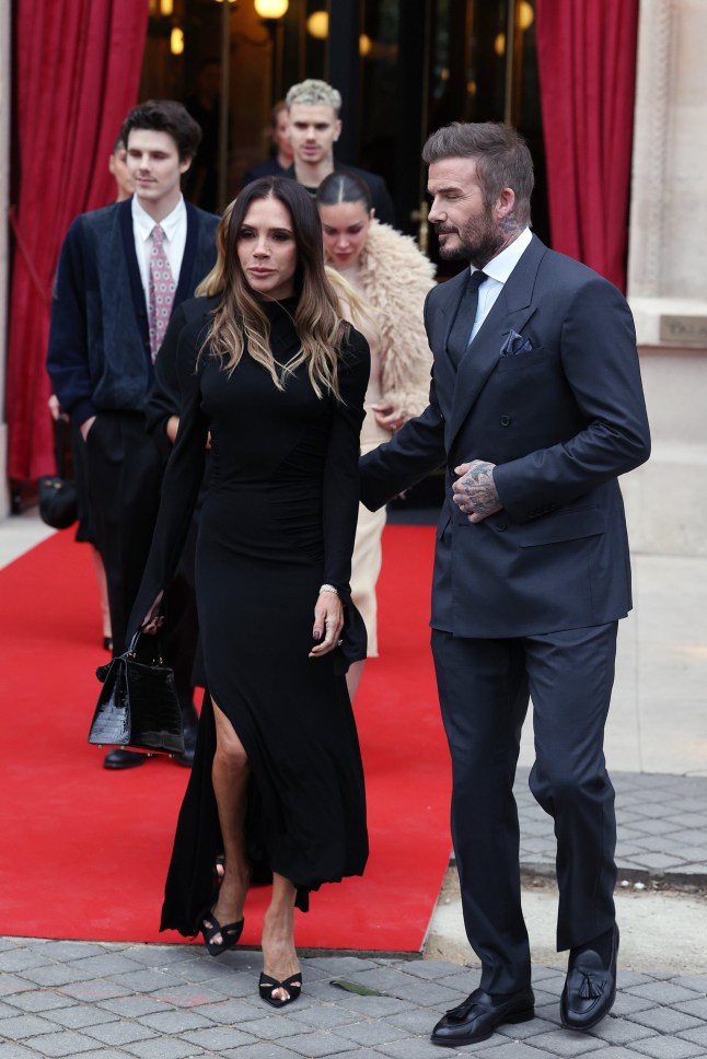 PARIS, FRANCE - JANUARY 26: Victoria Beckham and David Beckham leaving their hotel during Haute Couture Spring Summer 2026 as part of Paris Fashion Week on January 26, 2026 in Paris, France. (Photo by Neil Mockford/GC Images)
