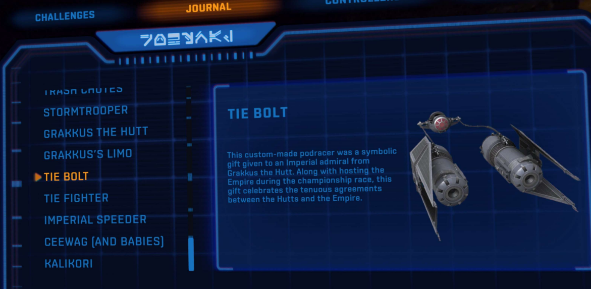 "Tie Bolt" Podracer Journal Entry from Beyond Victory
