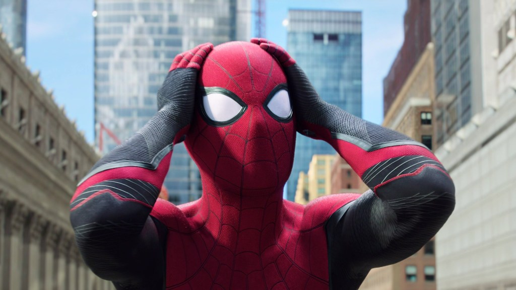 Spider-Man holding head in No Way Home