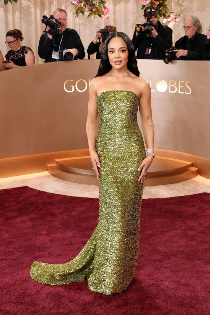 Tessa Thompson, Tessa Thompson Balenciaga, Balenciaga Golden Globe Awards, 2026 Golden Globe Awards red carpet, Tessa Thompson embellished gown, Balenciaga red carpet