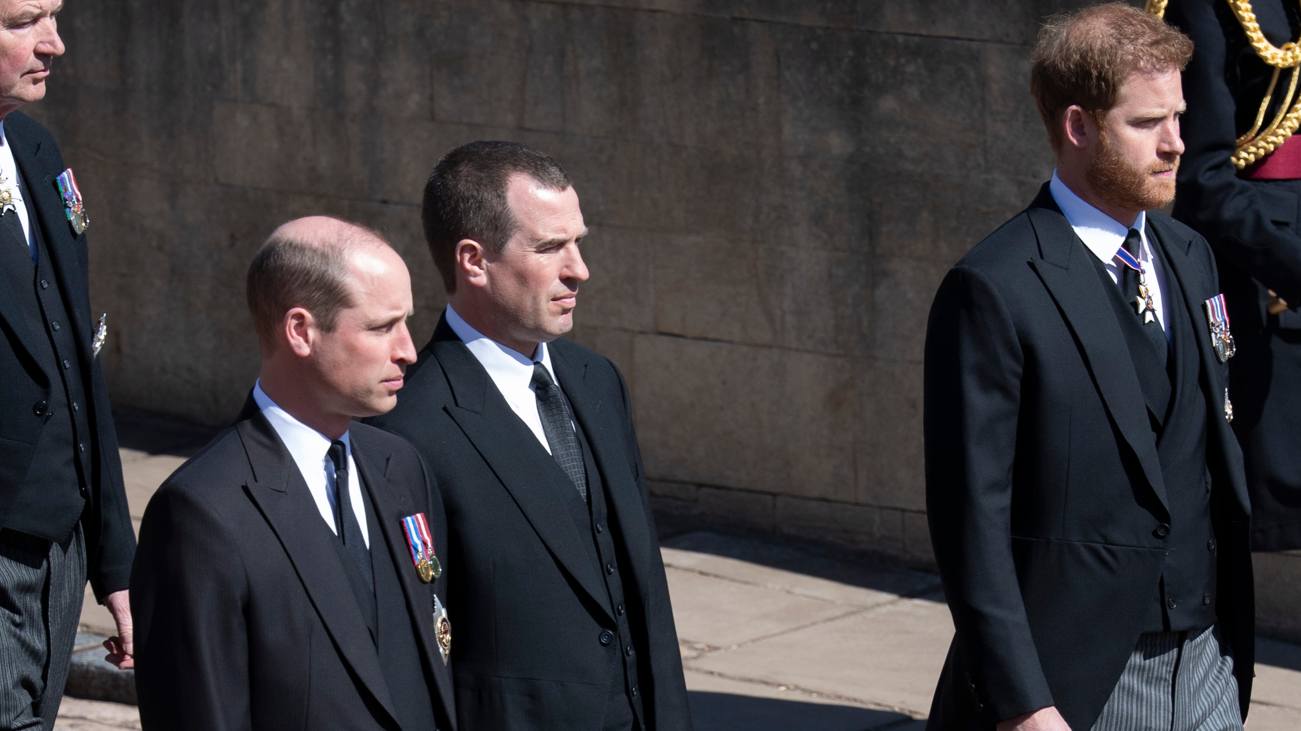 Prince William, Peter Phillips and Prince Harry during the funeral of Prince Philip
