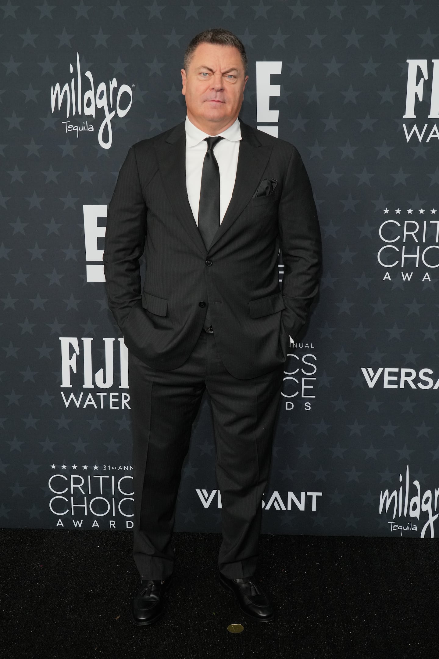 Nick Offerman arrived at the 31st Annual Critics Choice Awards on Sunday at The Barker Hanger in Santa Monica, Calif.