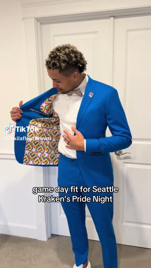 Former NHL player, J.T Brown, shows off his outfit for the Seattle Kraken's annual pride night game. Via his wife's, Lexi LaFleur Brown, tiktok.