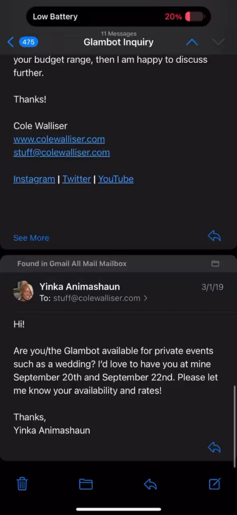 Cole Walliser being rude in emails to a possible client who wanted to book the Glambot for an event