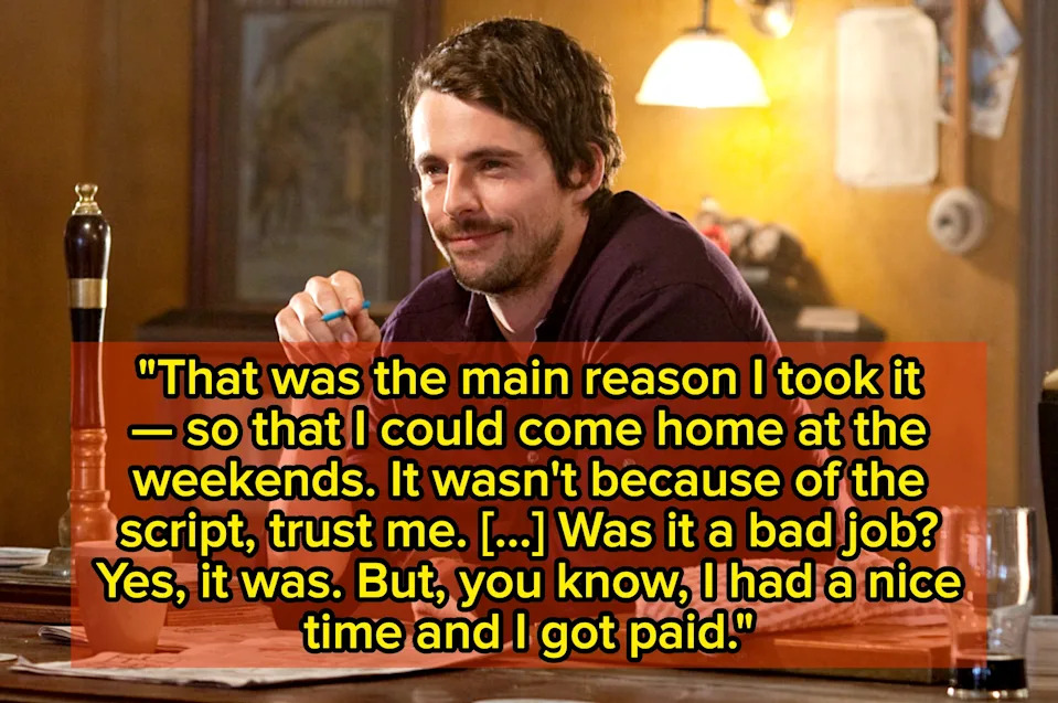 Man sitting at a table with a drink, saying he took a job to come home on weekends; acknowledges it wasn't a good job but he enjoyed it and got paid