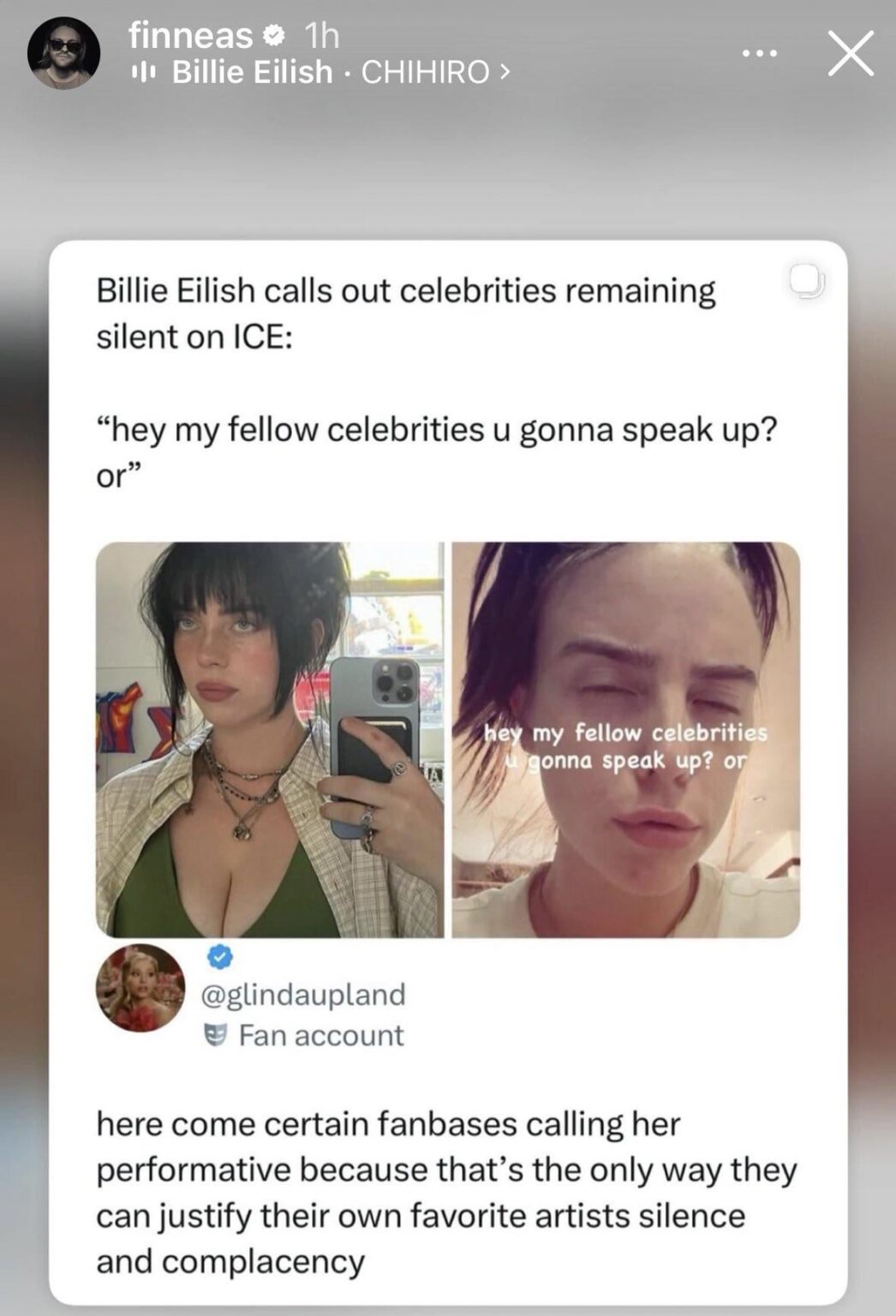 Finneas shares a post claiming that some fandoms call Billie performative because that’s the only way they can justify their fav artists’ silence