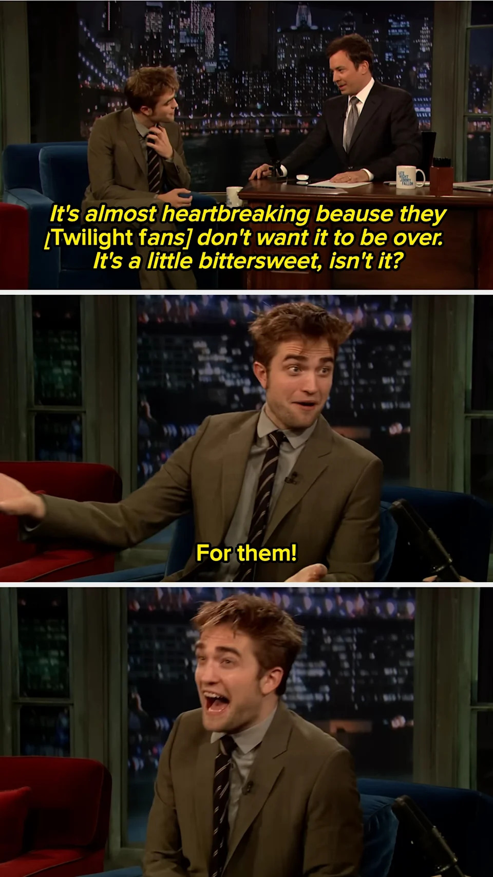 Man in a suit gestures animatedly on a talk show set while host sits at a desk, captioned dialogue explores fan reactions to movie series ending