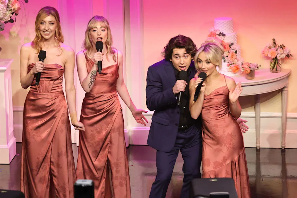 Heidi Gardner, Sarah Sherman, Marcello Hernandez as Domingo, and Sabrina Carpenter as Sophie during the “Domingo: Vow Renewal” sketch on Feb. 16, 2025. (Photo by: Theo Wargo/NBC via Getty Images)