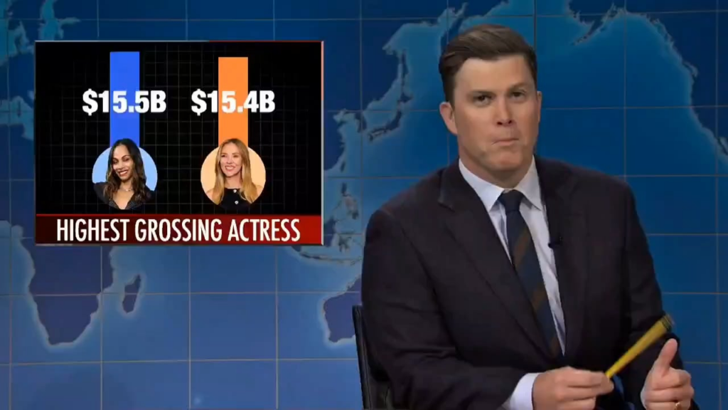 Colin Jost on whether his box office gross would help Scarlett Johansson become the highest grossing actress again: "It went down?!"