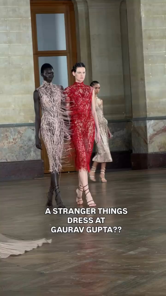 The dress being called “the stranger things dress” at the Gaurav Gupta runway show