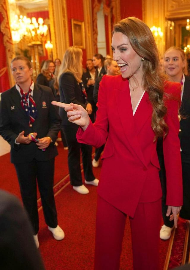 Princess of Wales in Alexander McQueen today at reception for England Woman’s Rugby team