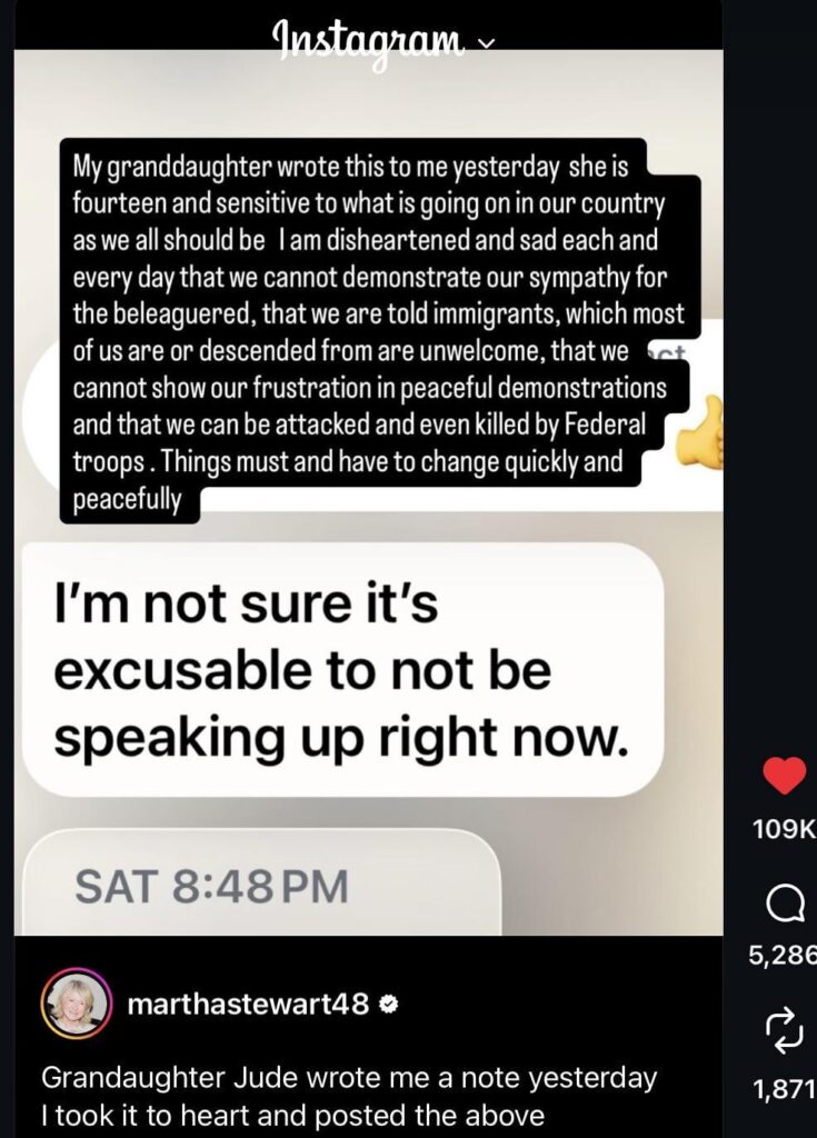 Martha Stewart posts about ICE on her Instagram