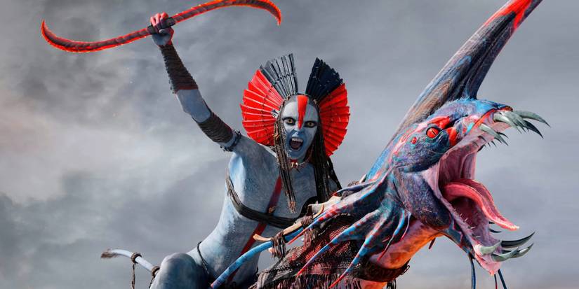 Varang riding an animal and raising her hand while roaring in Avatar: Fire and Ash