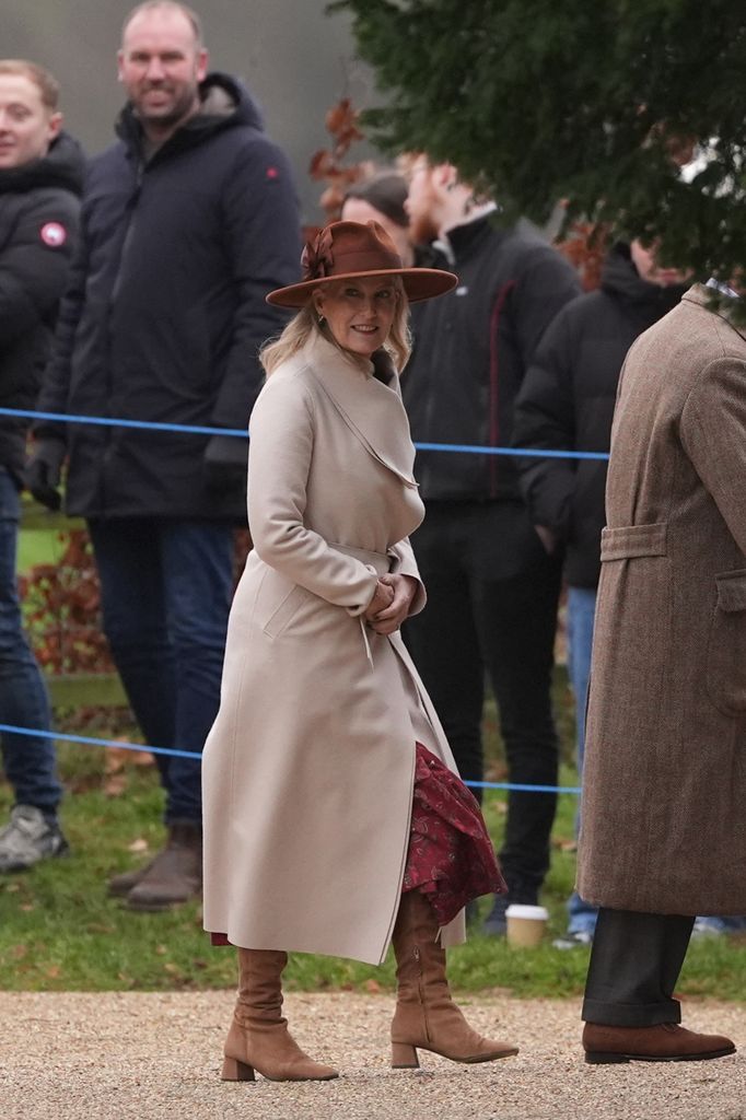 The Duchess of Edinburgh in oatmeal coat and tan boots and hat