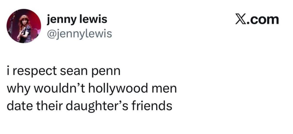 Jenny Lewis shares a poem about Sean Penn and the 34-year age-gap with his girlfriend, Valeria Nicova