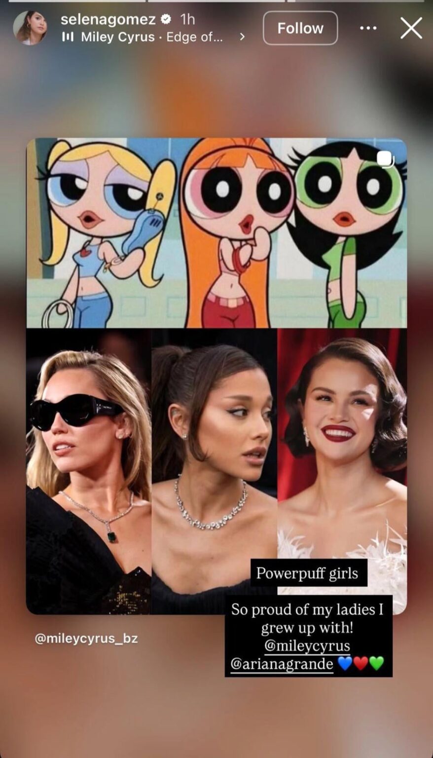 Selena Gomez shares a Powerpuff Girls edit of herself, Ariana Grande and Miley Cyrus at the Golden Globes in new IG story: So proud of my ladies I grew up with!