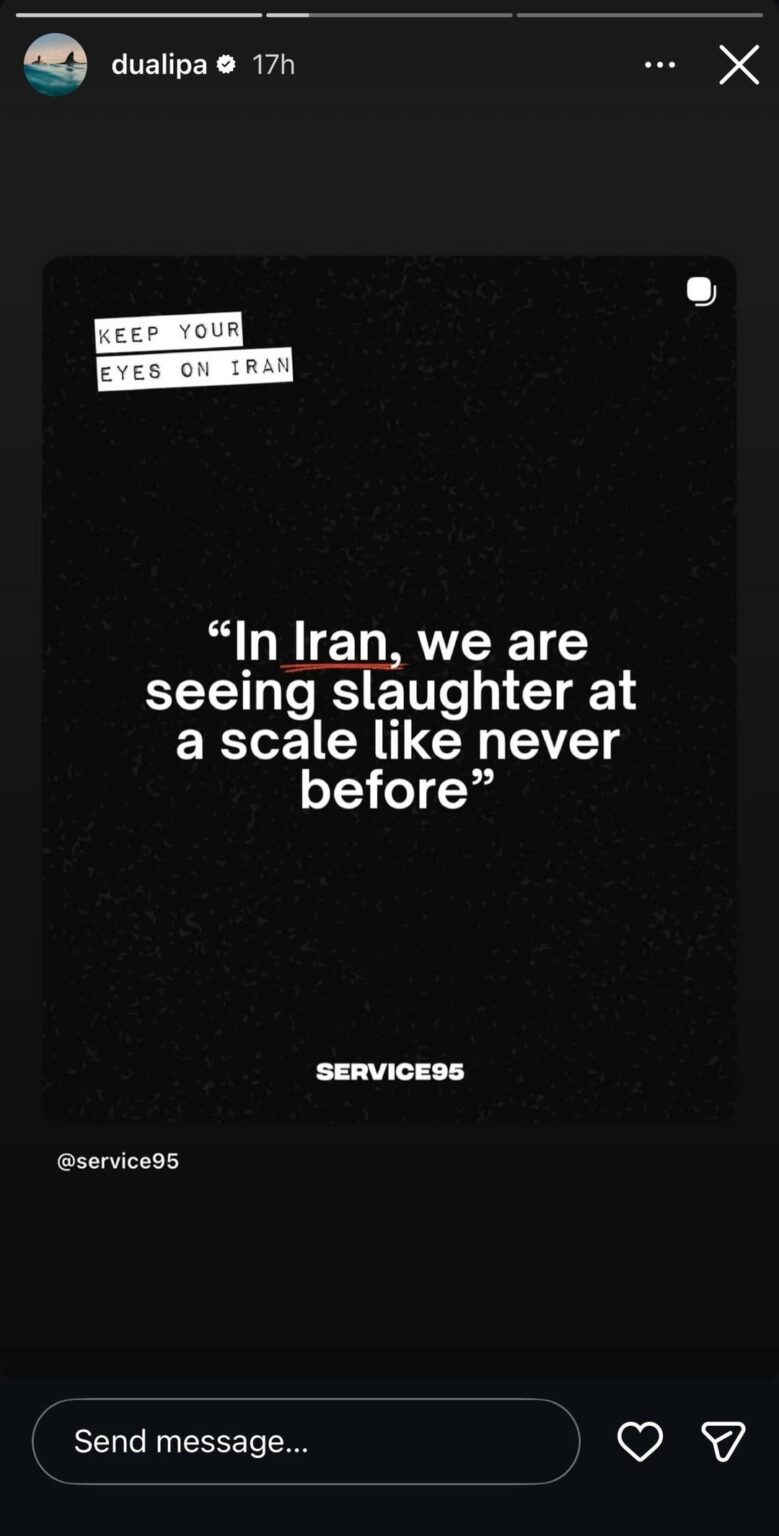 Dua Lipa speaks up about the current situation in Iran, where people are being isolated from the world due to an Internet blackout.