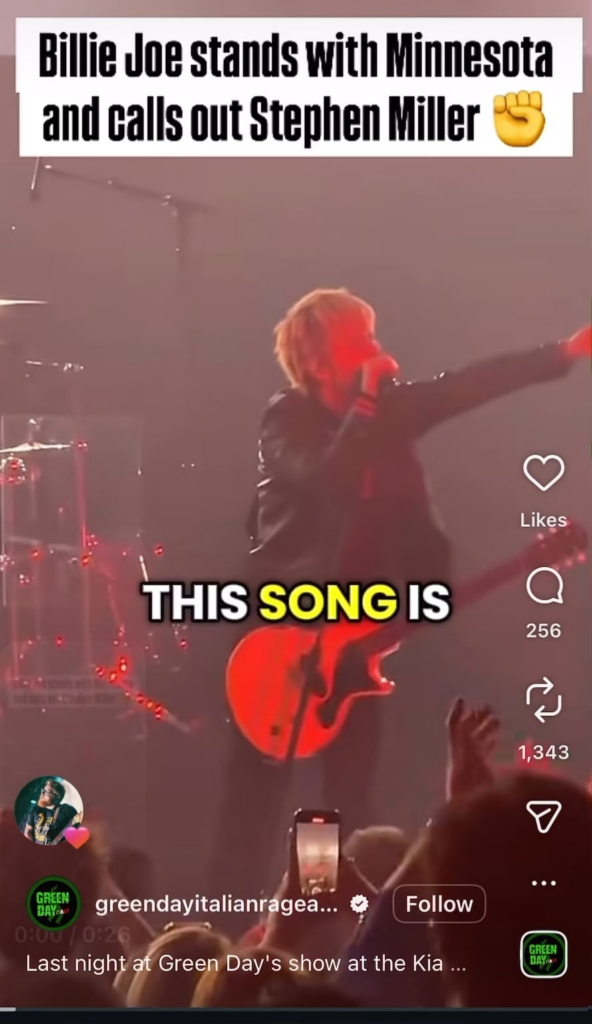 Green Day mock Stephen Miller and express solidarity with the people of Minnesota during iHeartRadio festival headline set