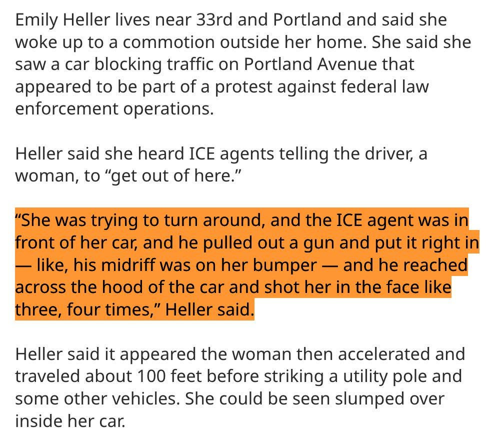 Witness account of an ICE agent murdering a US citizen in Minneapolis this morning