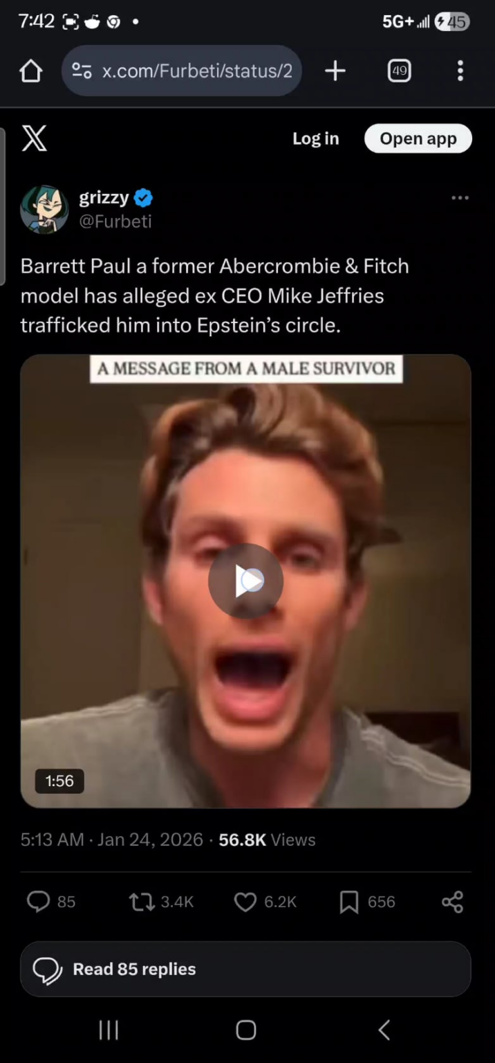 Barrett Paul, a former Abercrombie & Fitch model and sexual abuse survivor advocate alleges ex-CEO Mike Jeffries trafficked men and boys into Epstein circles.