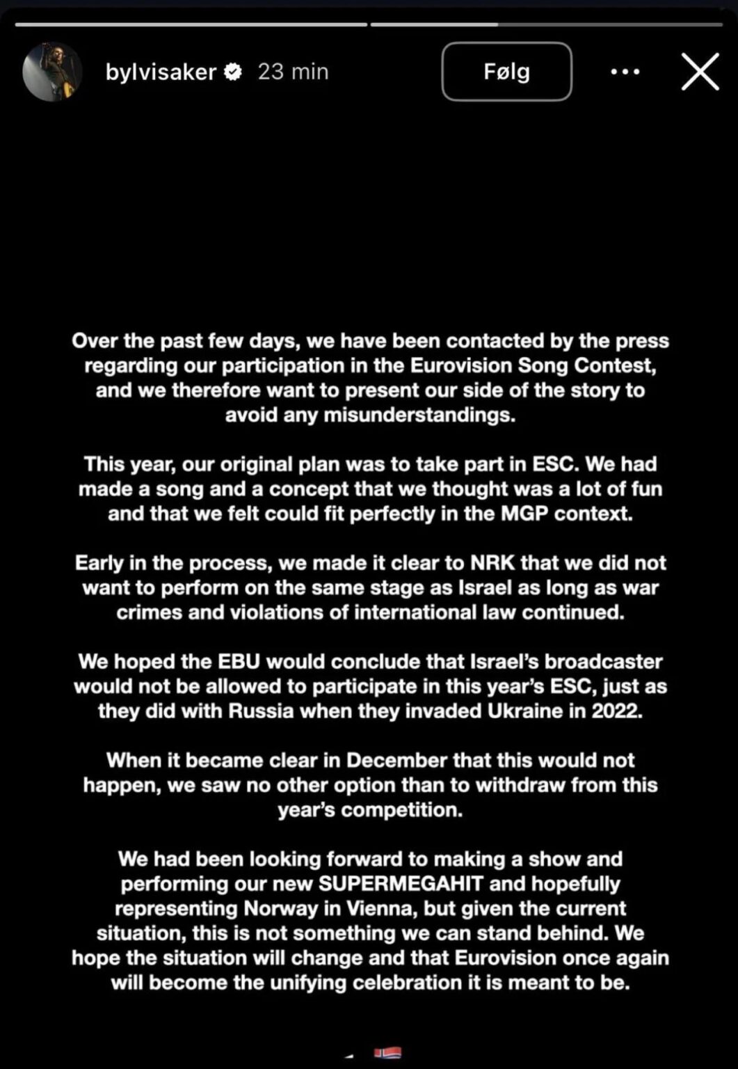 Ylvis posts that they’ve withdrawn from MGP, ending their chance to participate for Norway in Eurovision.