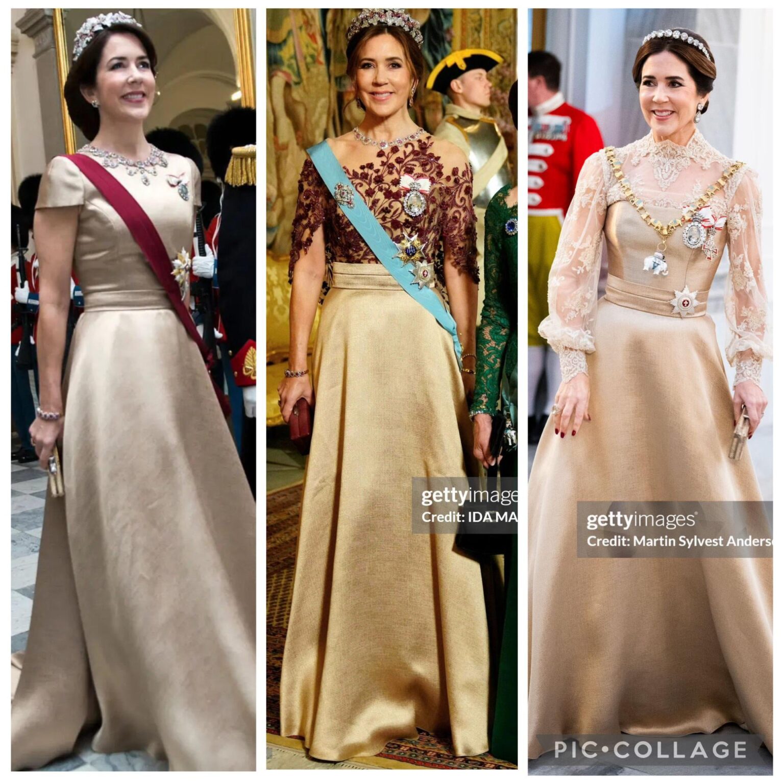 Queen Mary’s gold dress from the New Year’s banquet is the third iteration on the bodice, seen previously in 2017 and 2024