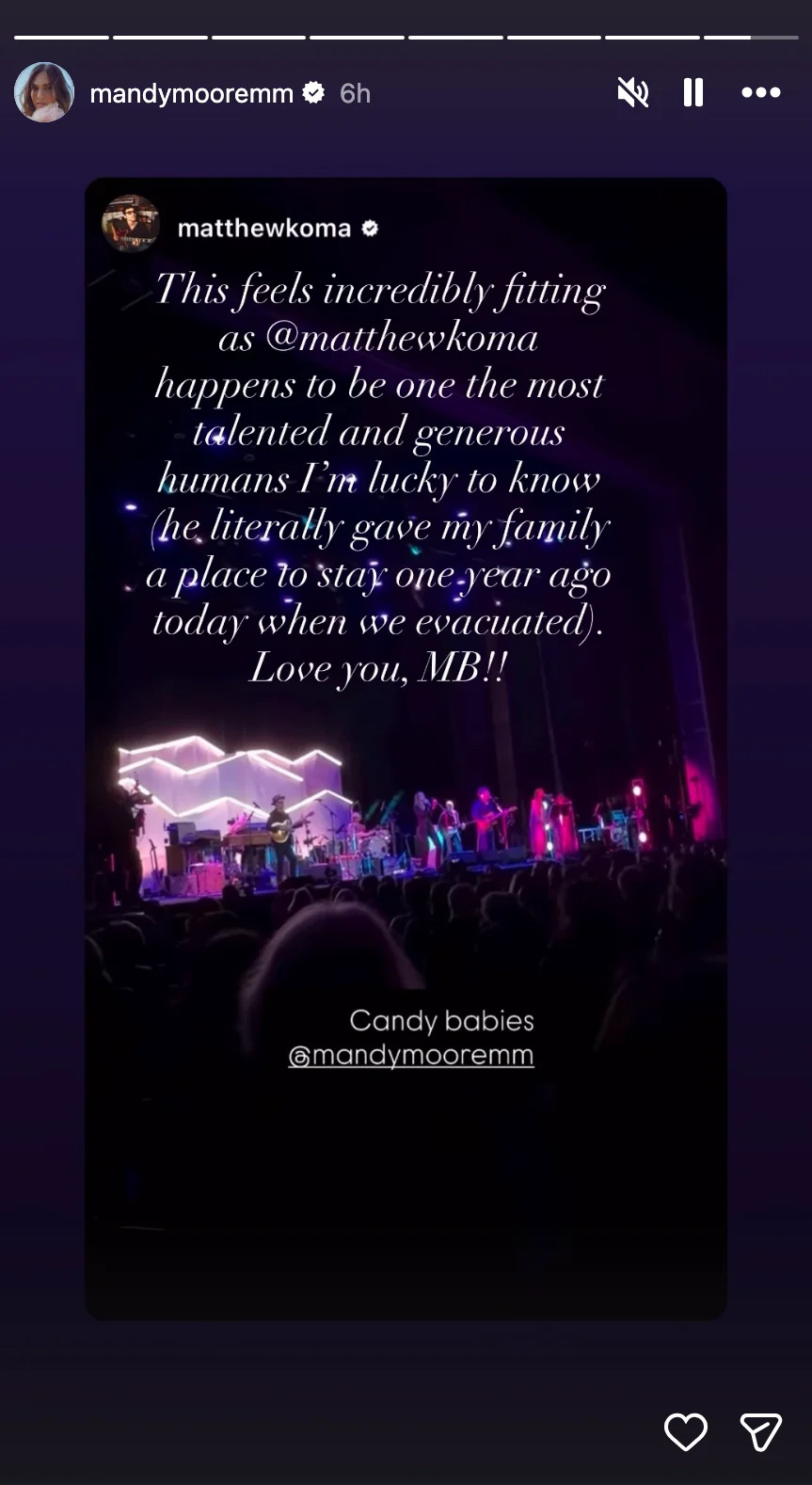 Concert stage with glowing lights. Appreciative message from Mandy to Matthew written over the top
