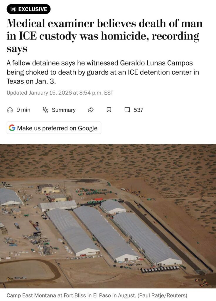 Medical examiner believes death of man in ICE custody was homicide, recording says. | A fellow detainee says he witnessed Geraldo Lunas Campos being choked to death by guards at an ICE detention center in Texas on Jan. 3. His last words were: “I cannot breathe.”