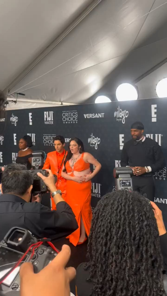 Megan Stalter and Paul W. Downs recreate Timothée Chalamet and Kylie Jenner's ‘Marty Supreme’ LA premiere look at the Critics Choice Awards. (January 4, 2026)