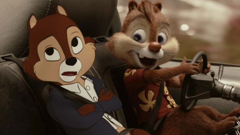 Dale driving a car with Chip in the passenger seat in Chip 'n Dale: Rescue Rangers