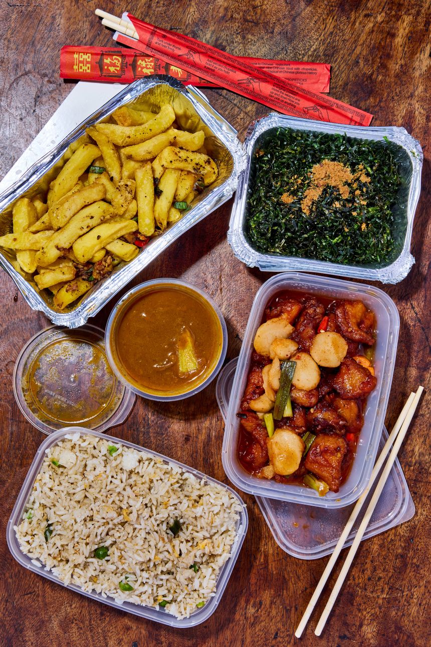 A classic Chinese takeaway combo in the UK includes salt and pepper chips with curry sauce.