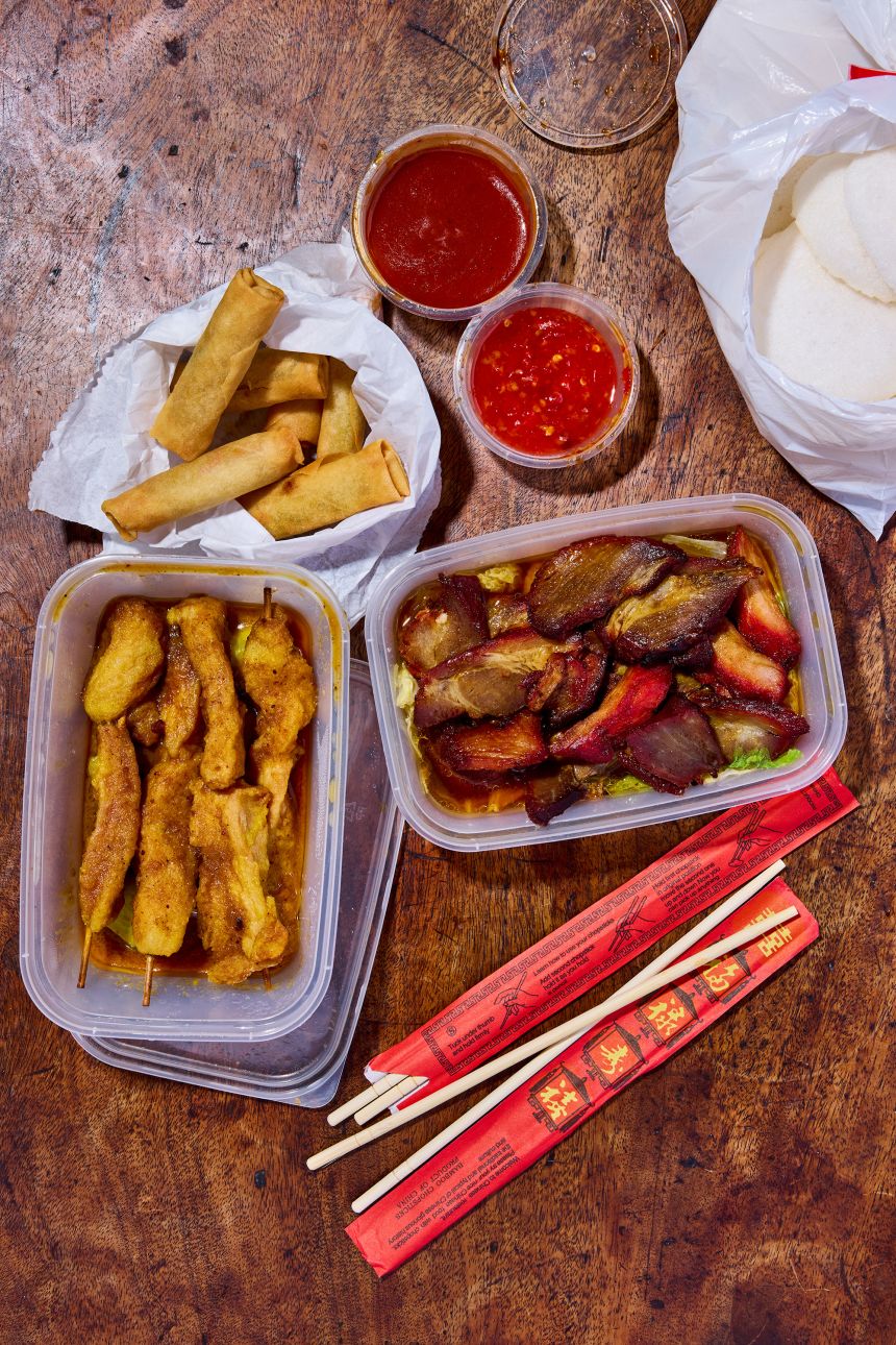 Jar jow -- the barbecue pork and vegetable dish on the right -- is most famous in London.