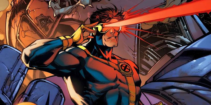 X-Men's Cyclops in his yellow and blue uniform using his optic blast