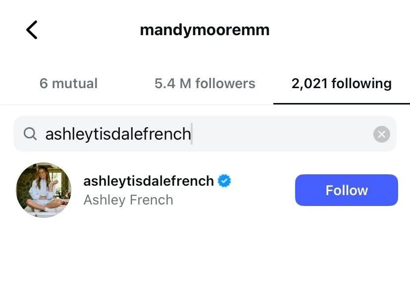 Instagram profile page showing that Mandy still follows Ashley
