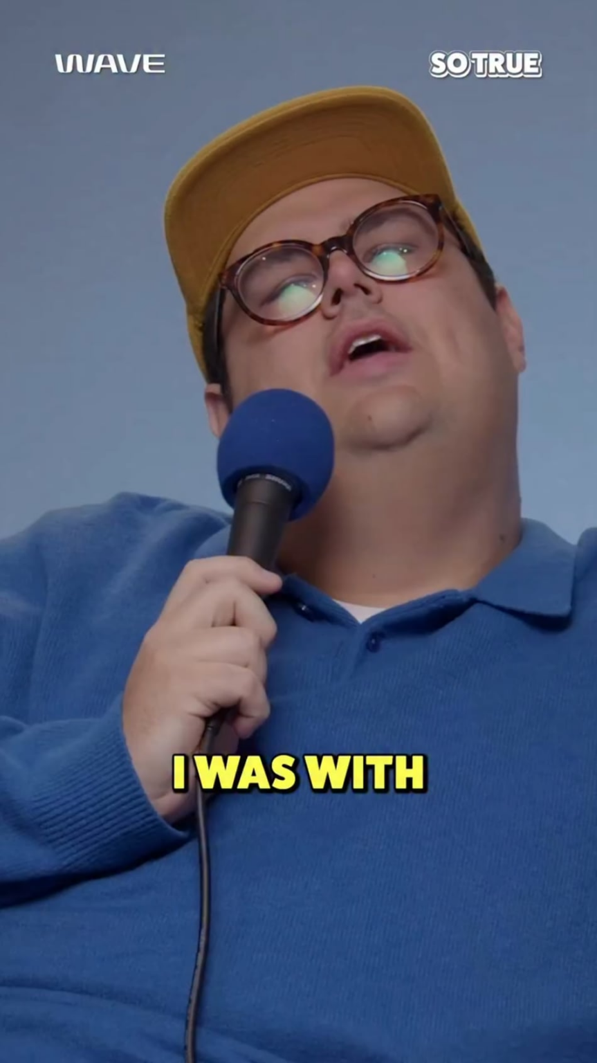 Caleb Hearon telling a story about his straight couple friends on his podcast