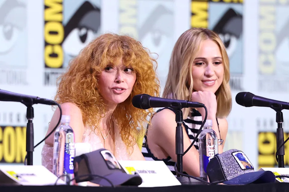 Natasha Lyonne and Maria Bakalova speak at a Comic-Con panel
