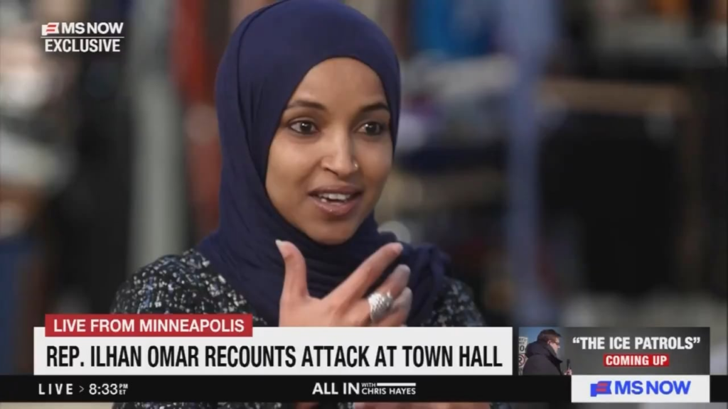 ILHAN OMAR: "I TRIED TO PUNCH HIM. I remember feeling like someone was saying something close to me...And there was like some liquid thing that I at the moment thought it was like a spit, and so I instinctively tried to like punch him"