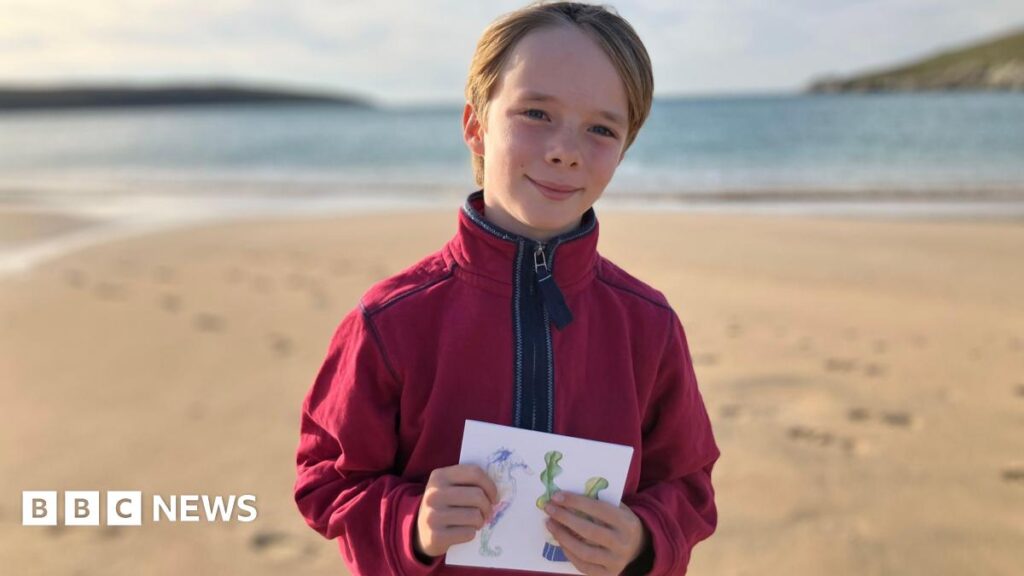 A young boy with blond hair and a red fleece stands of a beach in the sunshine, hoping an illustrated greetings card