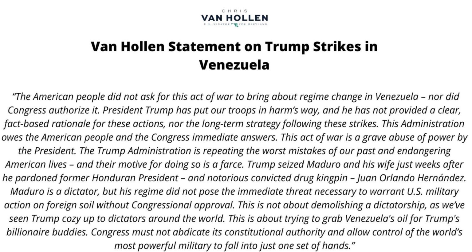 Senator Van Hollen’s statement on the strikes in Venezuela. He’s bang on.