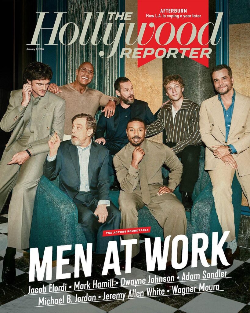 The Hollywood Reporter's Actors Roundtable features Wagner Moura, Jacob Elordi, Dwayne Johnson, Mark Hamill, Michael B. Jordan, Adam Sandler and Jeremy Allen White.