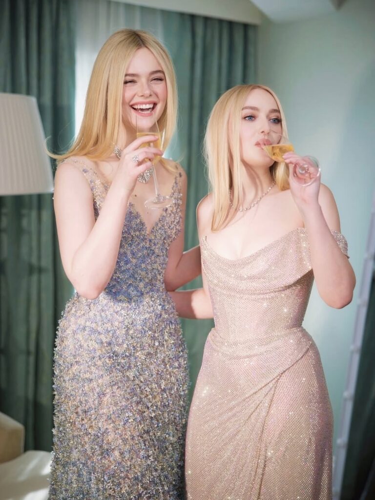 Elle Fanning and Dakota Fanning photographed by Miles Diggs ahead of the Golden Globes