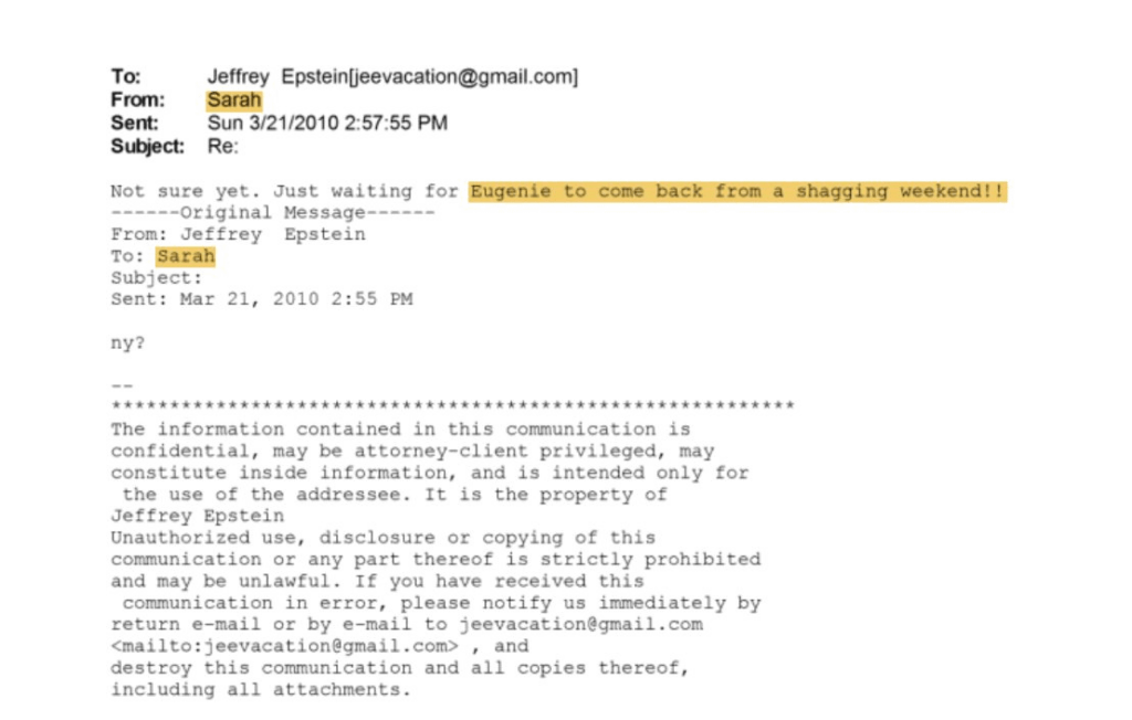 Sarah Ferguson tells Jeffrey Epstein she's 'waiting for Eugenie to come back from a shagging weekend!!' in newly released emails