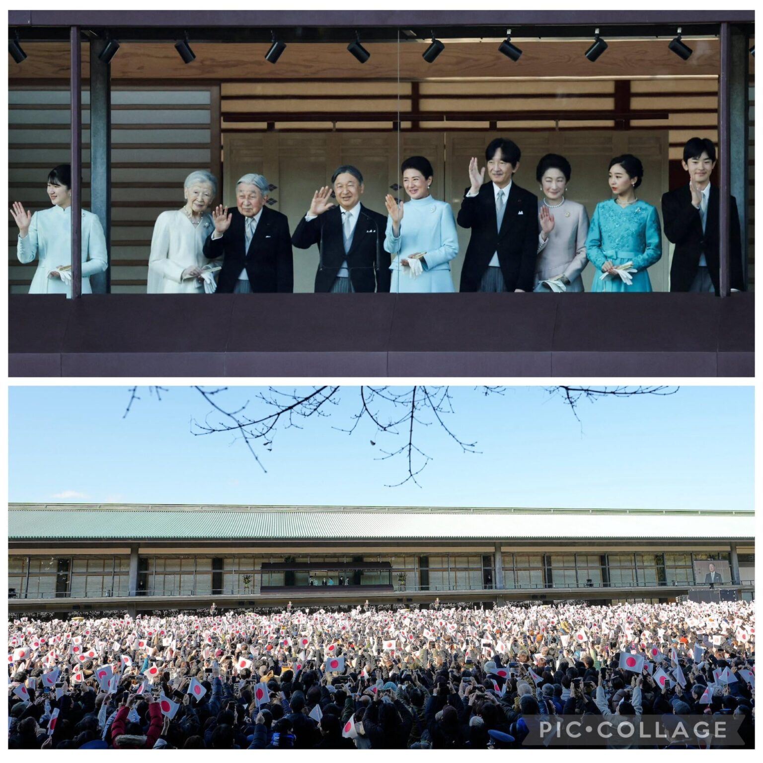 The Japanese imperial family waving Happy New Year to a massive crowd at the Imperial Palace in Tokyo