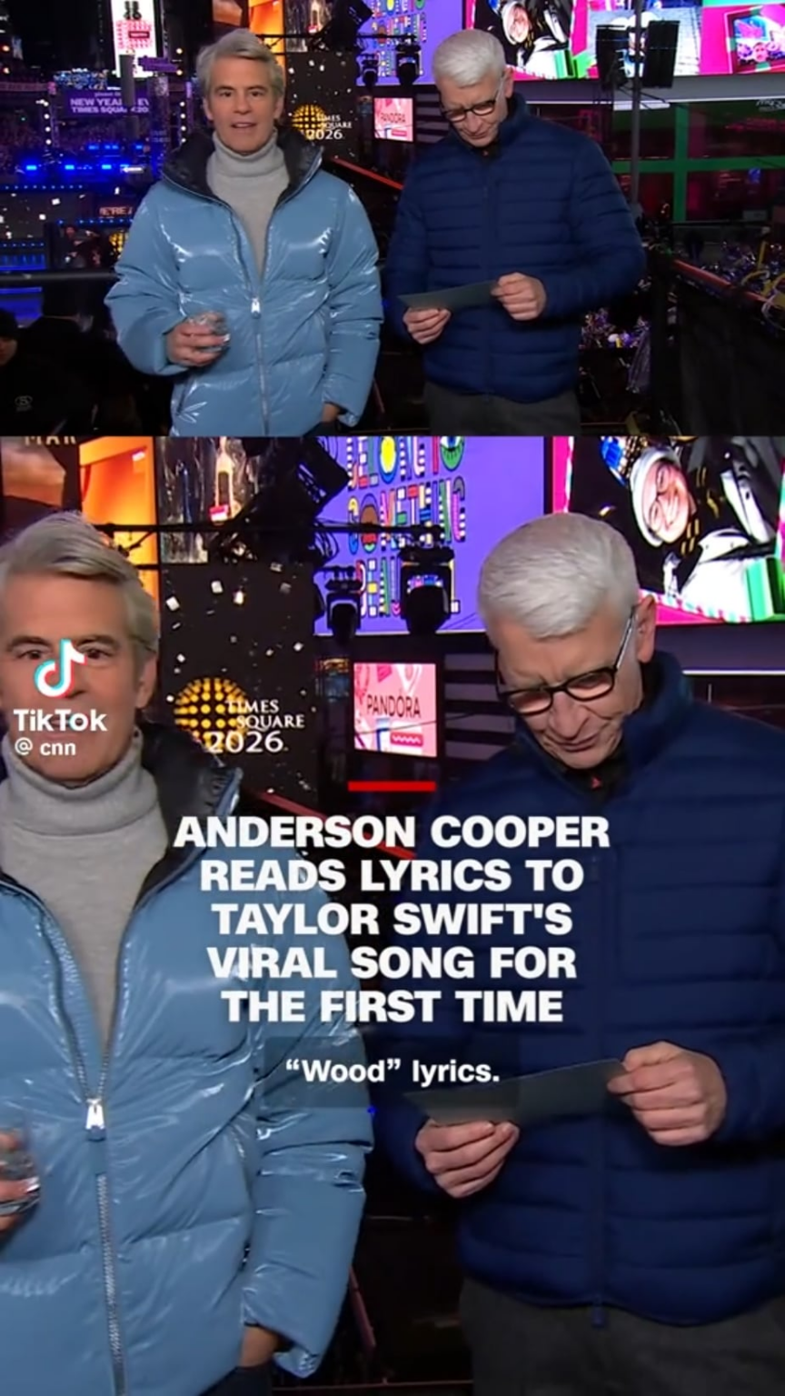 Andy Cohen has Anderson Cooper read the lyrics to Taylor Swift's song "Wood" during CNN's NYE broadcast