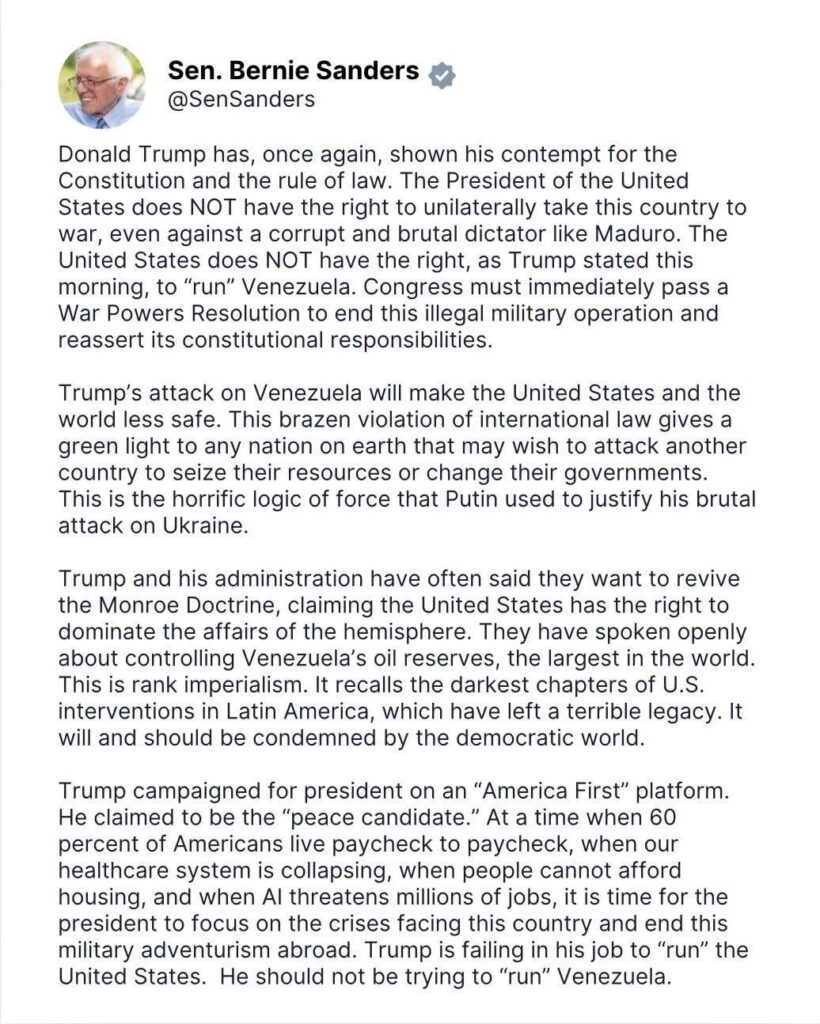 Senator Bernie Sanders statement on Trump's invasion of Venezuela.