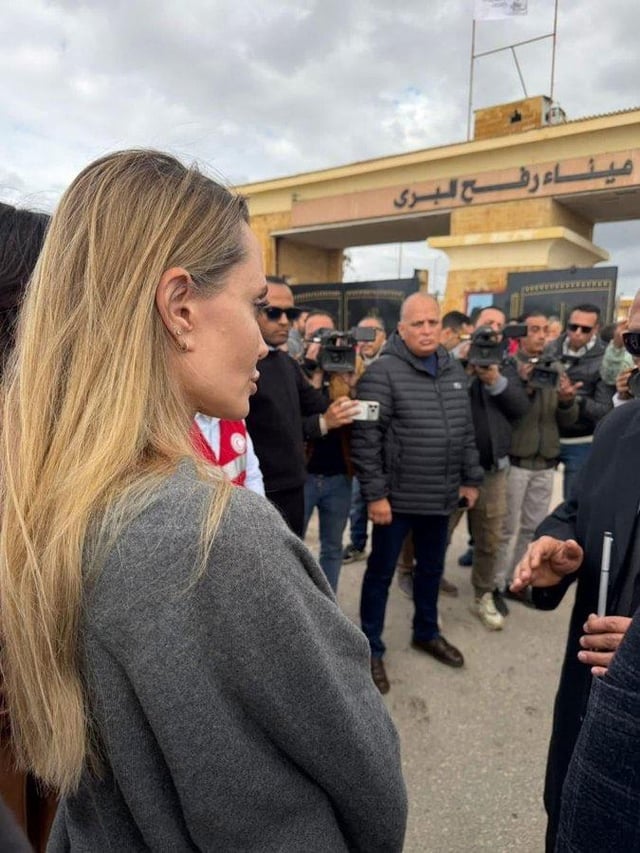 Angelina Jolie today at the Rafah crossing between Egypt and Palestine