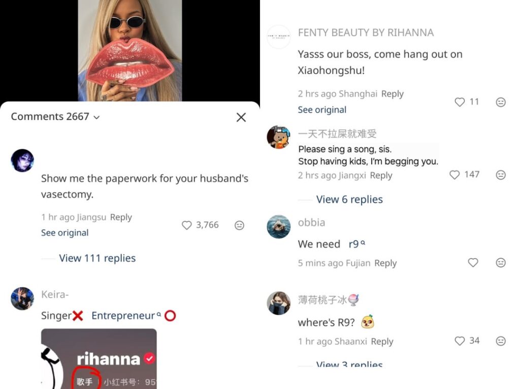 Rihanna has joined Xiaohongshu/Rednote and the comments are coming in