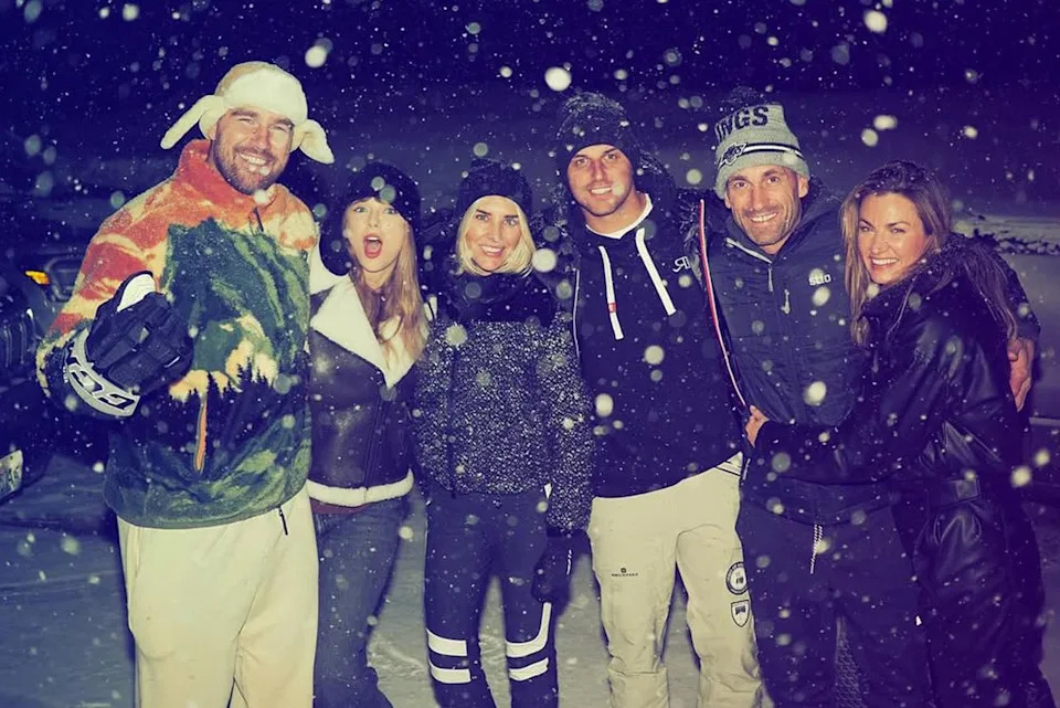 Travis Kelce/Instagram  Travis Kelce and Taylor Swift pose with Charissa Thompson and Erin Andrews and their husbands